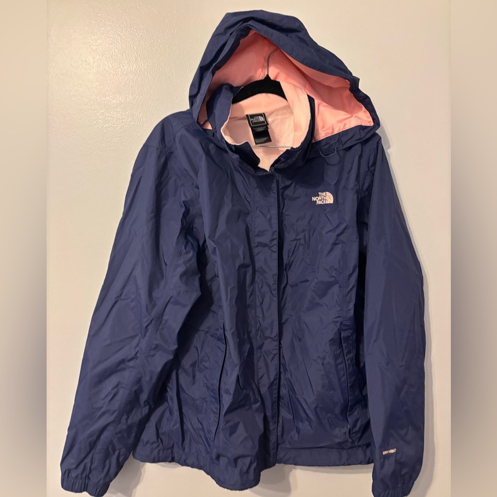 The North Face Dark Blue Jacket with Pink Lining rain coat